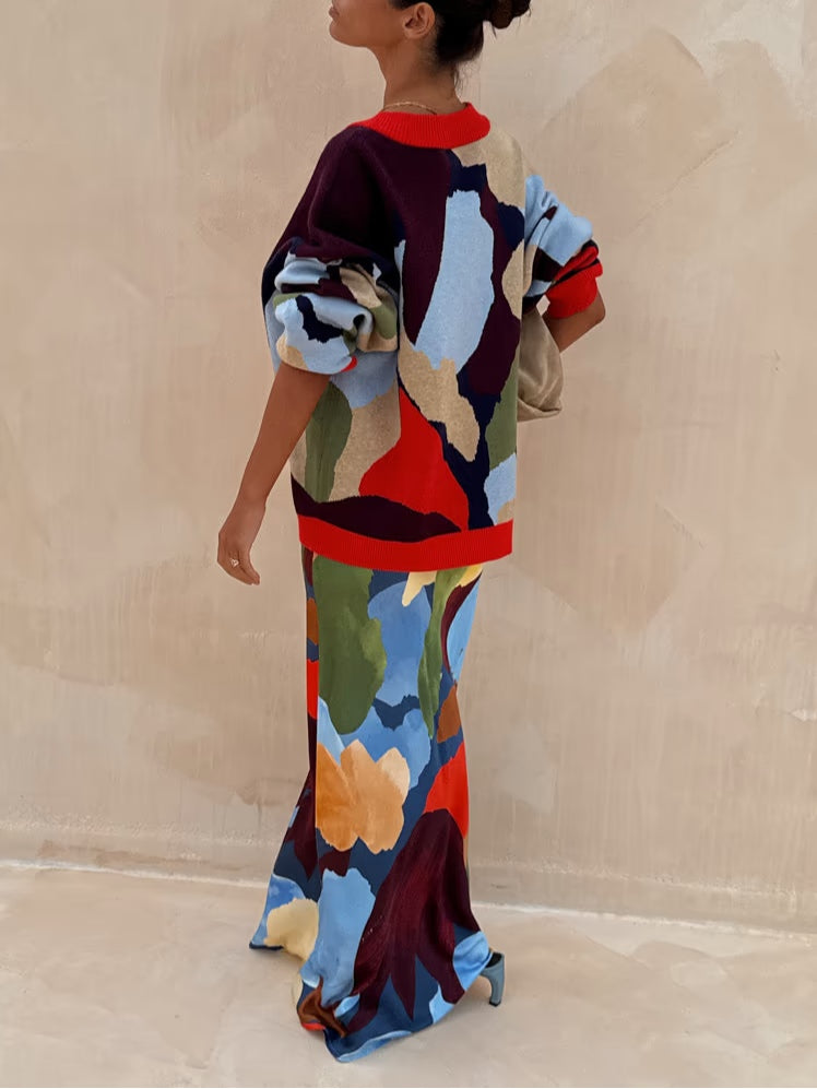Abstract Geometric Pattern Knitted Jacket + Skirt Set