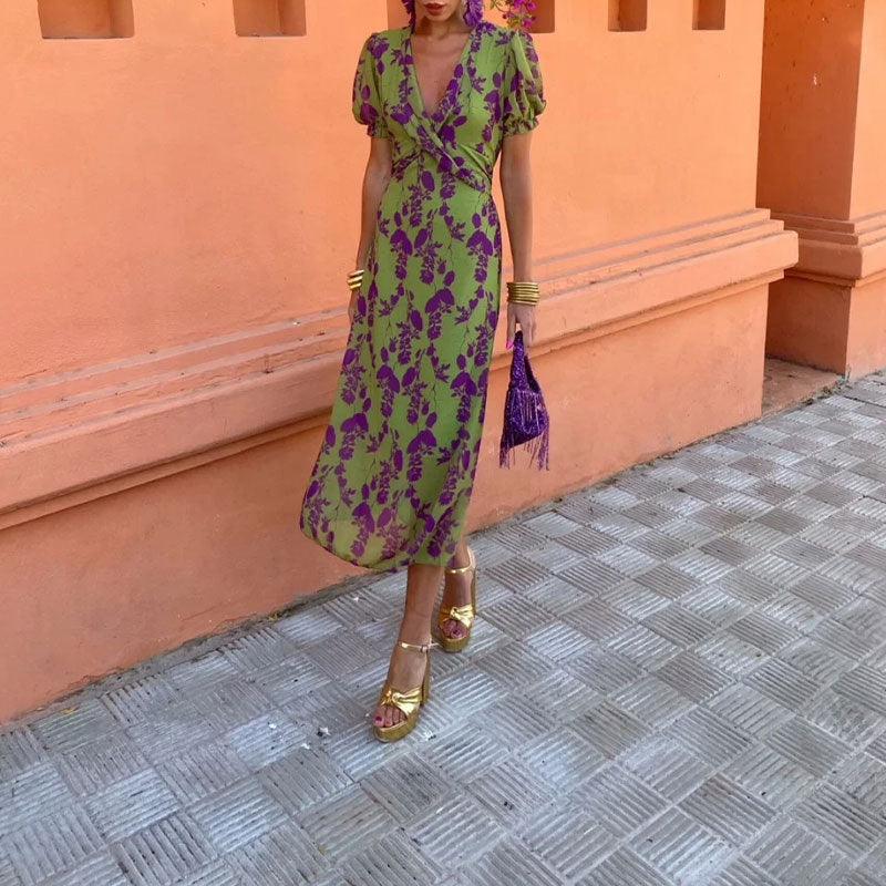 Printed long dress elegant slim v-neck short sleeve dress