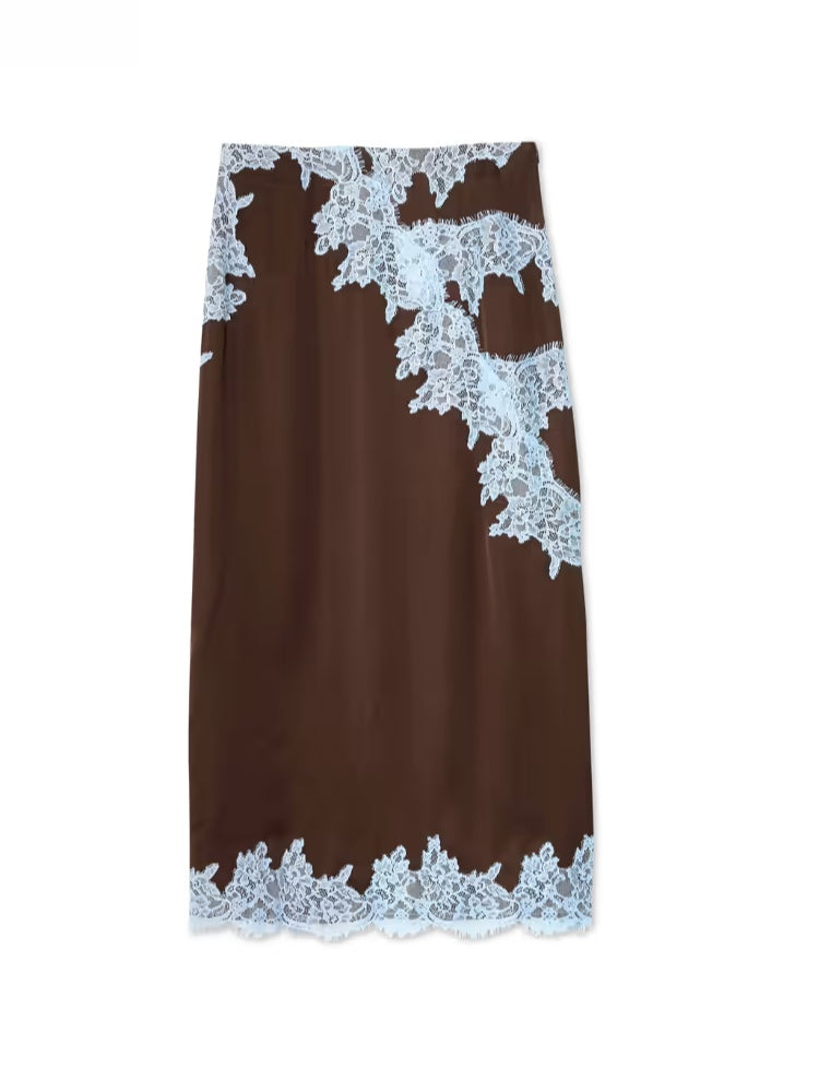 Elegant Brown and Blue Lace Panel Top + Skirt Suit Set