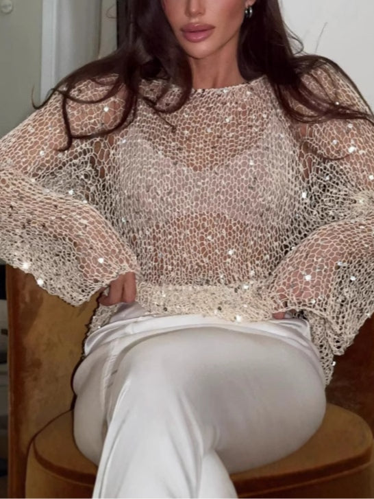 Sequined knitted hollow long-sleeved top