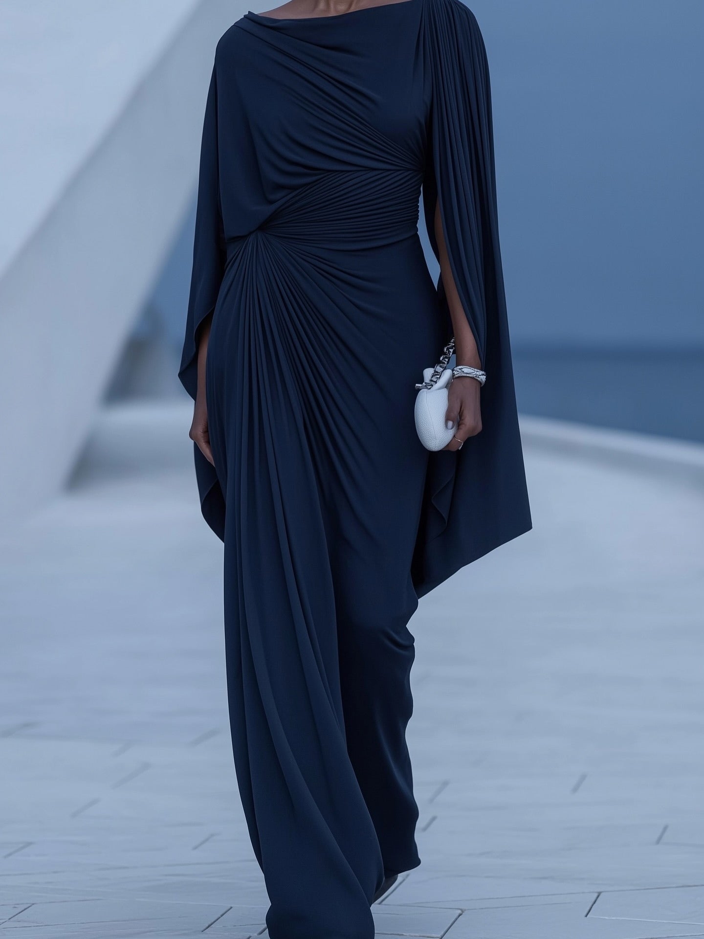 Dark Blue Pleated Cape Draped Maxi Dress