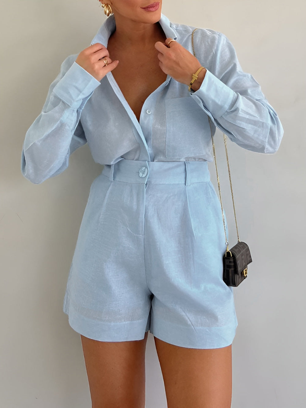 Cotton and Linen Long Sleeve Loose Shorts Set