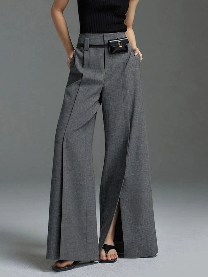 Loose wide-leg high-waisted front slit trousers