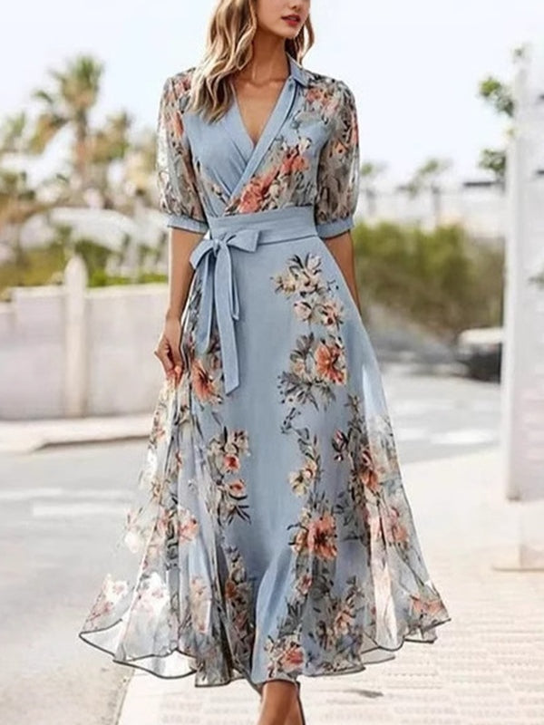 Floral Print V-Neck Short Sleeve Bow Waist Midi Dress